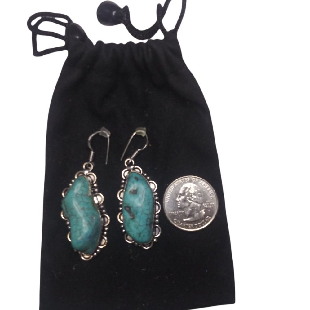 SOLD!!! Tibetan Turquoise Gemstone Handmade Ethnic Dangle Earrings - Picture 2 of 7